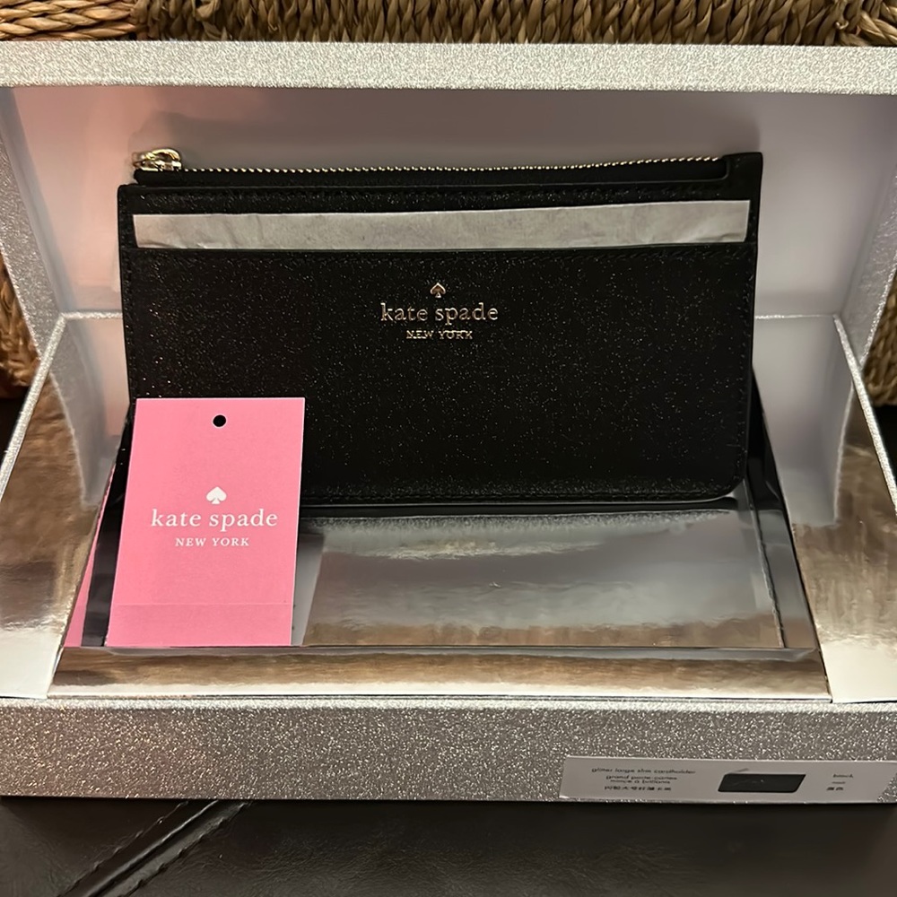 NWT/Boxed Kate Spade Slim Black Glitter Cardholder